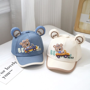 Baby baseball cap with 3D bear ears and cartoon car embroidery in blue and cream