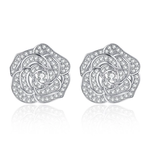 Exquisite silver camellia stud earrings with sparkling pavé cubic zirconia petals