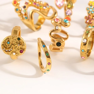 Collection of 18K gold plated stainless steel rings with colorful zircon accents