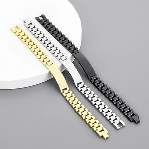 Three-color stainless steel bracelet set featuring curved bars in gold, silver, and black