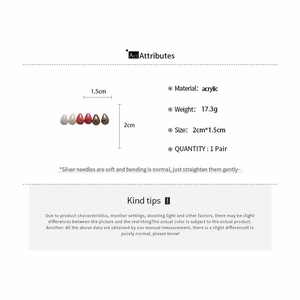 Detailed chart showing acrylic teardrop earrings size two centimeters and silver needles