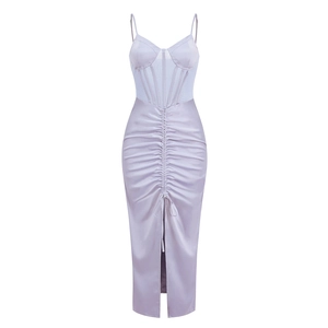 Lavender satin corset dress with fishbone waist, mesh panels and drawstring slit hem