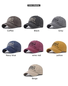 Detailed grid view showing various colors of washed cotton baseball caps with embroidery