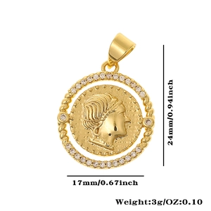 Detailed view of 24mm 18K gold plated portrait coin pendant with micro-pave crystals