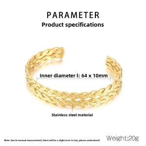 Detailed specs of golden twisted rope open bangle in stainless steel with 64x10mm size