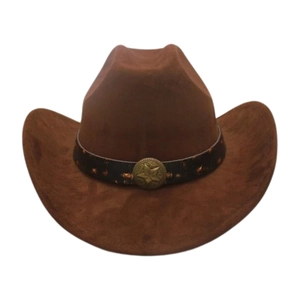Vue détaillée d'un chapeau de cowboy en daim marron avec un badge en étoile vintage