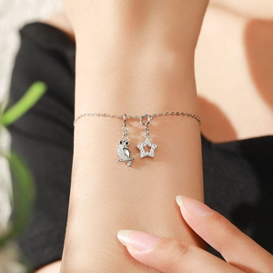 925 sterling silver chain bracelet with delicate owl and hollow star pendant charms