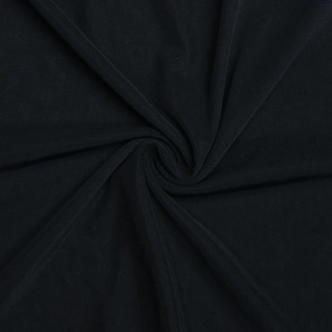 Close-up of black mesh knit fabric showing soft texture and draped pleated details