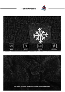 Détail du bonnet en tricot noir montrant la doublure polaire et l'étiquette flocon