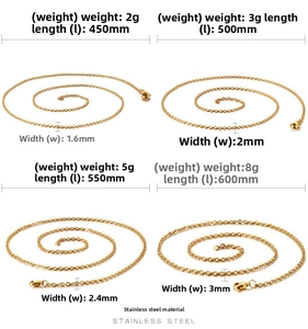 Size chart for golden stainless steel cross chains in various widths and lengths