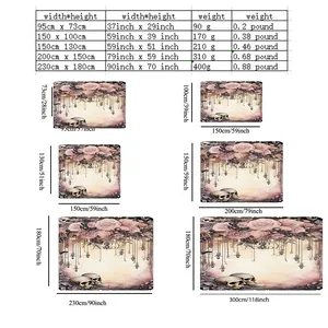 Detailed size chart for forest tapestry with various metric and imperial dimensions