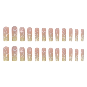 Long coffin press-on nails with pink gradient, white pop lines and shiny rhinestones