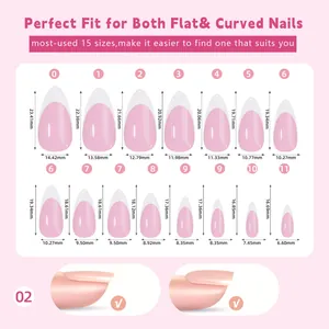 Size chart showing 15 almond nail sizes from 6.6mm to 23.4mm for gradient french nails