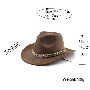 Brown suede jazz fedora hat with decorative beaded band and detailed size measurements