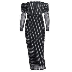 Detail view of the mesh polka dot maxi dress with elegant draped off-shoulder neckline