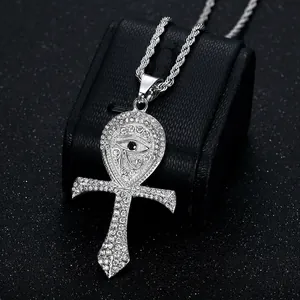 Iced out silver Ankh cross pendant with Eye of Horus and rope chain necklace