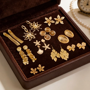 Detailansicht goldener Vintage-Ohrringe in einer edlen Samt-Schmuckschatulle