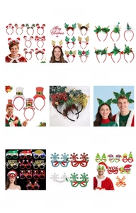 Collection of Christmas headbands and glasses featuring Santa hats, trees and reindeer