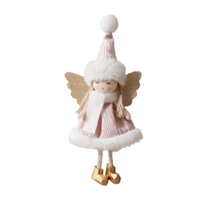Pink and white plush Christmas angel girl ornament with golden wings on white background