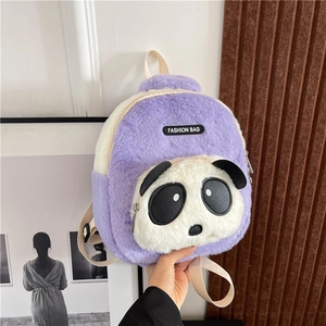 Detail of plush panda backpack for kids featuring purple and white faux fur textures
