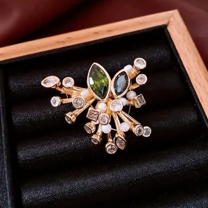 Vintage French style oval brooch with olive green crystal and pearls in a velvet box