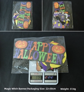 Detailed view of Halloween banner packaging and weight measurement for magic witch theme