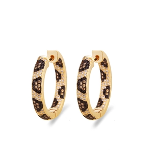 Elegant gold leopard print hoop earrings with paved white and black cubic zirconia crystals