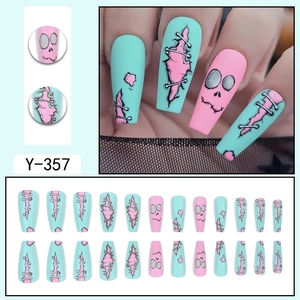 Zombie theme press on nails with Frankenstein graffiti pattern in mint and pink