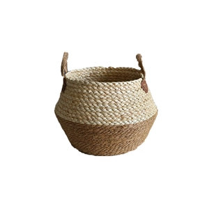 Two-tone woven seagrass flower pot basket with handles for home decor and plant display