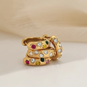 French vintage gold plated stainless steel hoops with multicolored zircon inlay