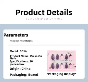 Detail view of purple French cat eye press-on nails set with packaging and specs