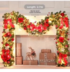 Close-up of 2.7m Christmas garland with red gold ornaments and warm LED fairy lights