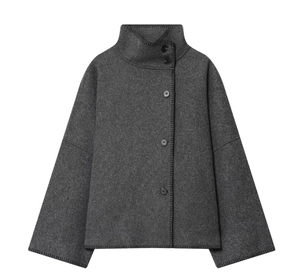Close-up of grey high-neck cropped wool jacket featuring a single-breasted button design