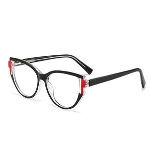 Cat eye blue light blocking glasses with black and clear frames shown at 45-degree angle