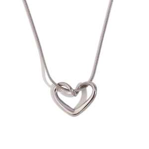 Minimalist silver heart pendant necklace with fine snake chain in polished stainless steel