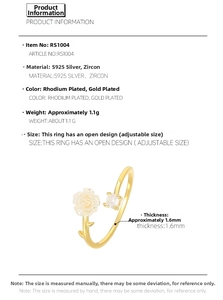 Detail specifications of S925 silver camellia ring featuring zircon and 1.6mm band thickness