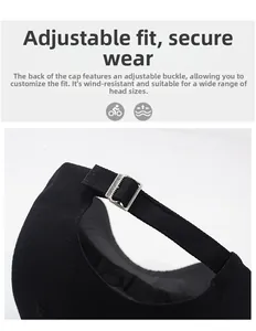 Detail of adjustable metal buckle on black cotton baseball cap for custom fit