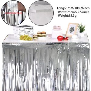 Silver metallic tinsel table skirt detail showing adhesive backing and 2.75m dimensions