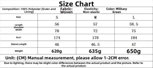 Detailed size chart for army green women bomber jacket with measurements and fabric info