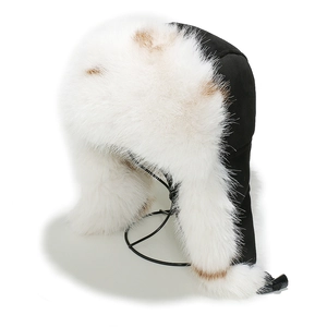 Classic faux fox fur aviator trapper hat with black fabric and warm ear flaps