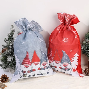 Christmas Gift Bags Burlap Linen Drawstring Pouch Christmas Gnome Snowflake Print Holiday Party Candy Treat Storage Bags
