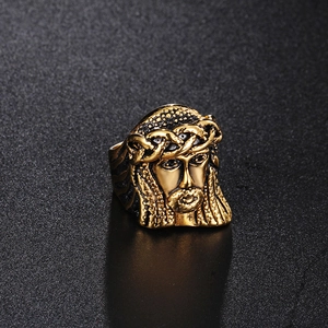 Golden Jesus portrait ring in stainless steel with vintage religious relief carving
