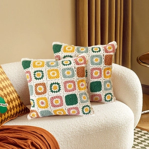 Set of two handmade crochet floral square pillow covers with retro granny pattern