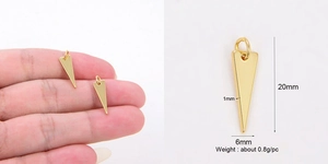Detailed size view of a 20mm gold triangle brass pendant with finger scale reference