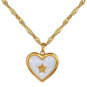 Gold titanium steel heart necklace with white shell inlay and star motif on white background