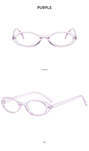 Detail view of oval purple transparent glasses frame showing front and side perspectives