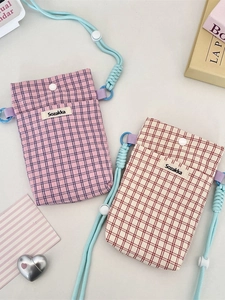 Checkered canvas crossbody phone bag for women with adjustable braided strap