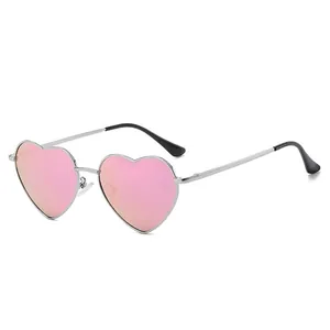Retro heart-shaped sunglasses with silver metal frame and pink reflective lenses