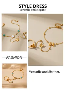 Detailed view of gold chain ring bracelets with turquoise, butterfly, and tree of life charms