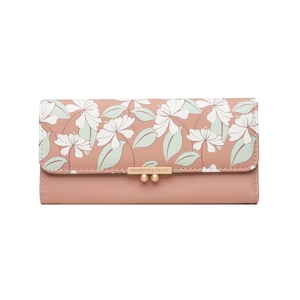 Detail of floral print wallet with golden metal buckle and engraved logo branding